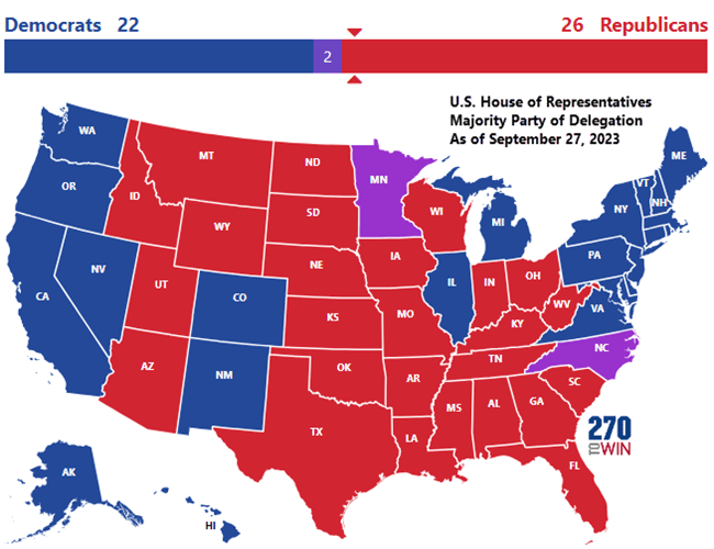 A graphic of the United States showing states represented in Congress