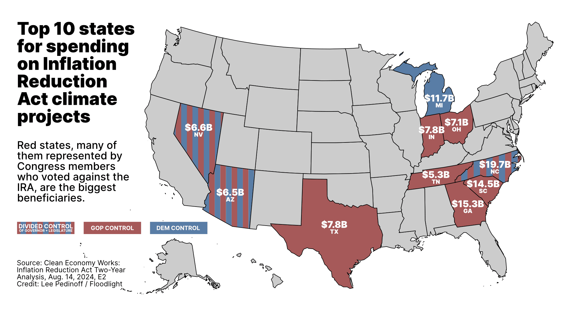 Map of US showing GOP state's benefit from climate laws