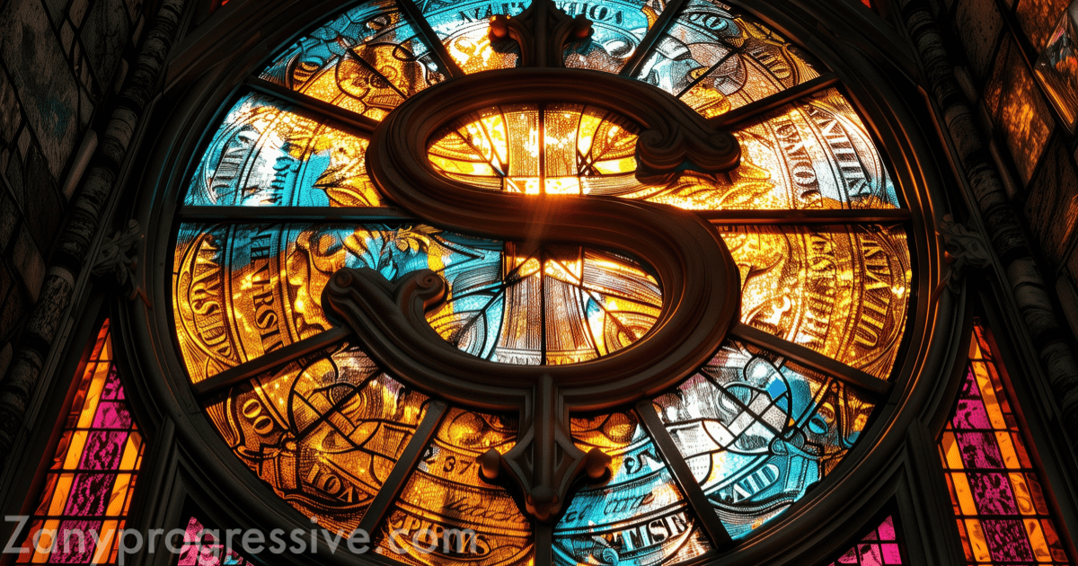 Stained glass window of a church with $ symbols on it