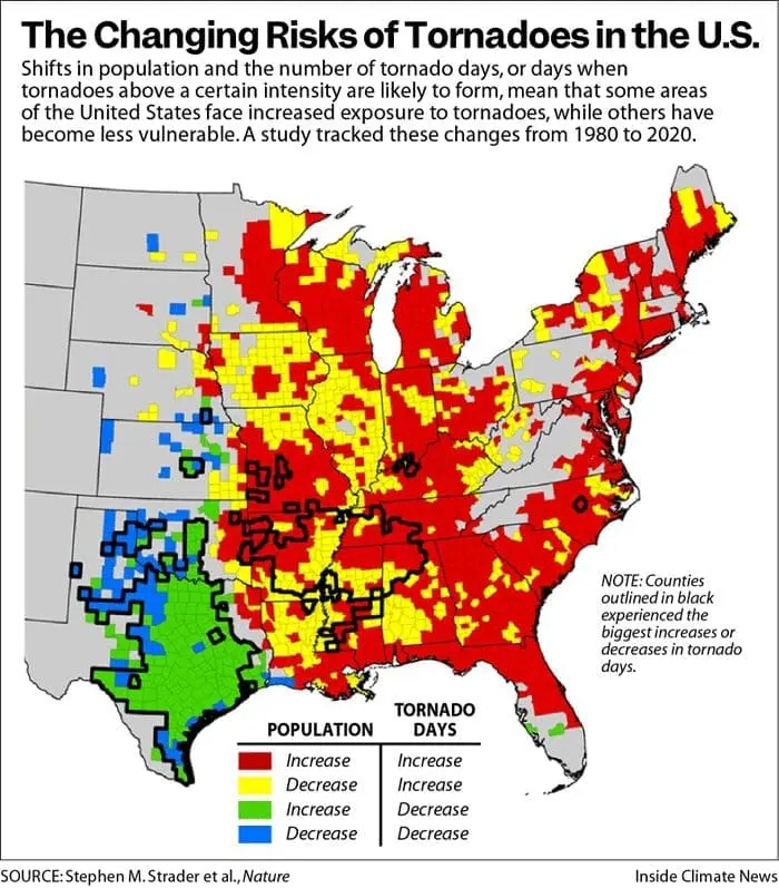 Map showing areas where tornadoes occurred showing new patterns.