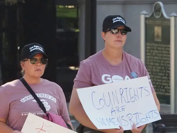 Women's gun rights advocates attend a Second Amendment March event outside the Michigan Capitol Building on Sept. 19, 2024.