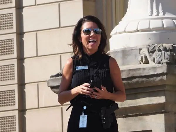 Michigan State Rep. Angela Rigas (R-Caledonia) prepares to speak at a Second Amendment March event outside the Michigan Capitol Building on Sept. 19, 2024.