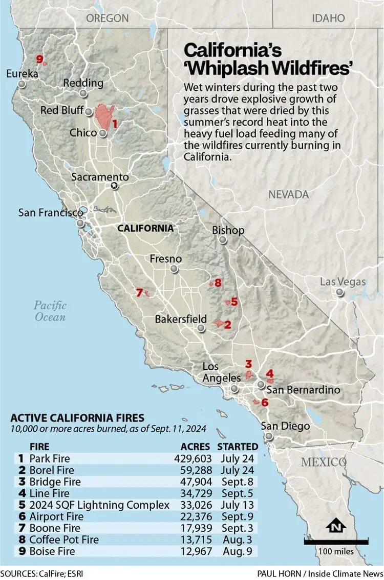 Map of California showing wildfire locations