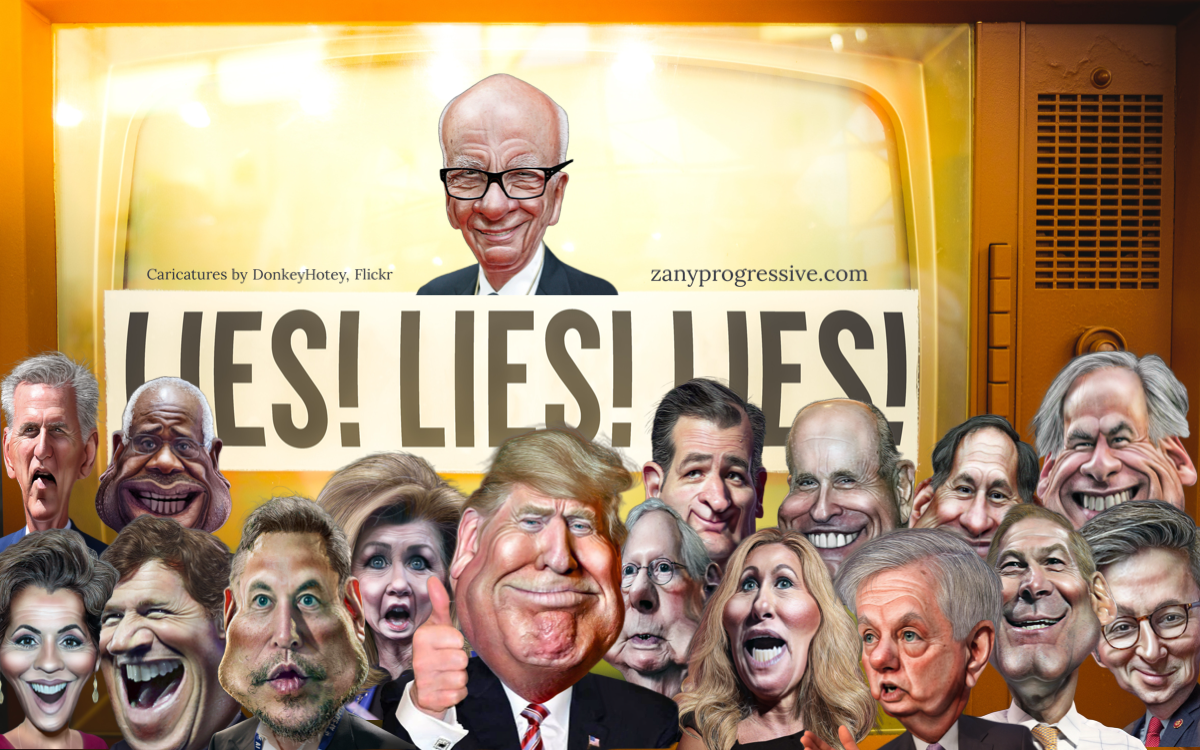 PolitiFact founder: Republicans lie! Caricatures of Republican politicians in front of a television with LIES! on it.