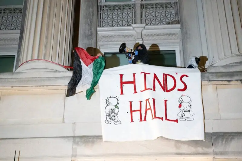 Columbia University student takeover of building draped banner outside