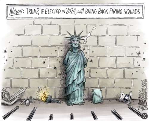 A political cartoon of the Statue of Liberty in front of a firing squad