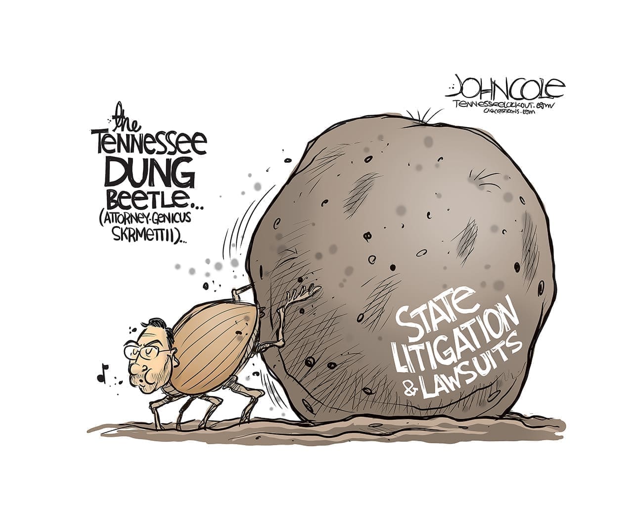 Editoral cartoonist John Cole depicts Tennessee Attorney General Jonathan Skrmetti as a dung beetle, rolling an increasing number of lawsuits against the state up.