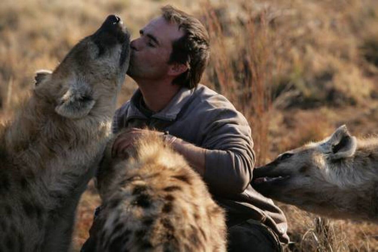 2024 presidential election candidate the animal whisperer, man kissing a real hyena