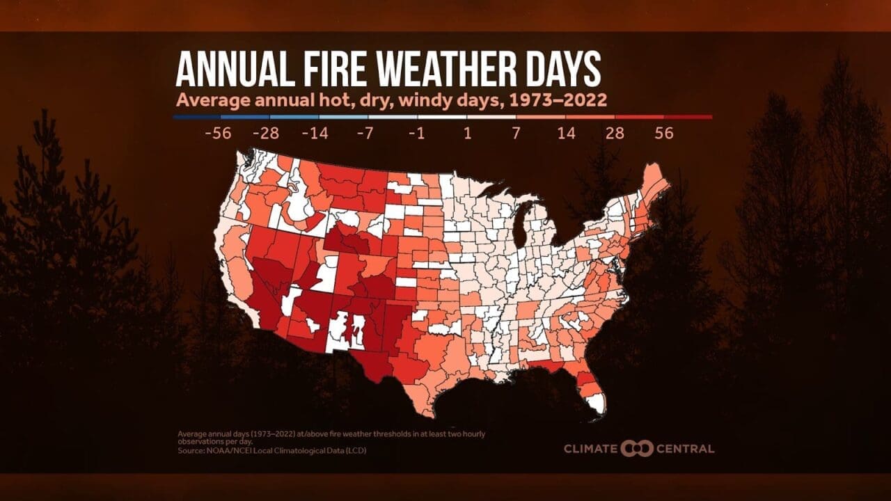 Graphic of the United States with varying shades of red covering states to show the annual wildfire days in the country 