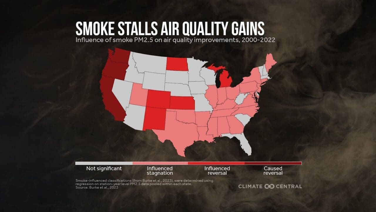 A graphic of the United States with some states filled in with varying shades of red to indicate air quality