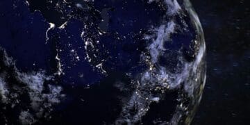 View of lights on earth from outer space