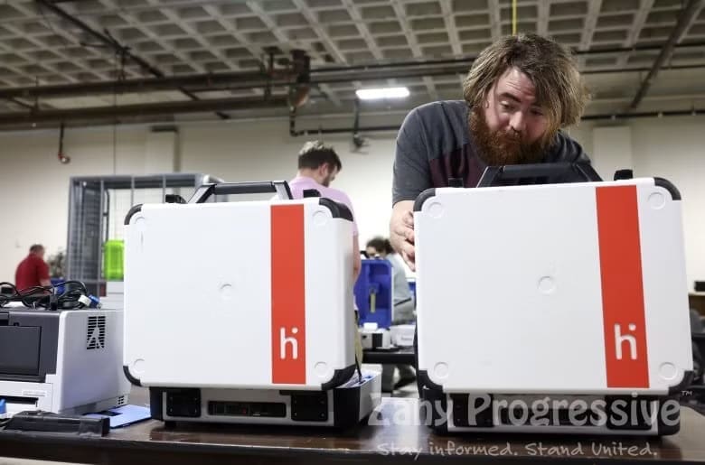 A man testing voting equipment 