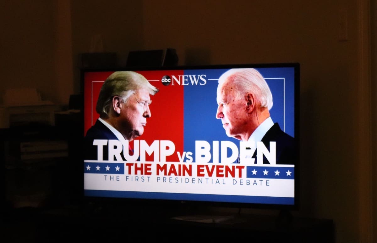 Television screen showing the introduction to the Trump Biden debate in 2020