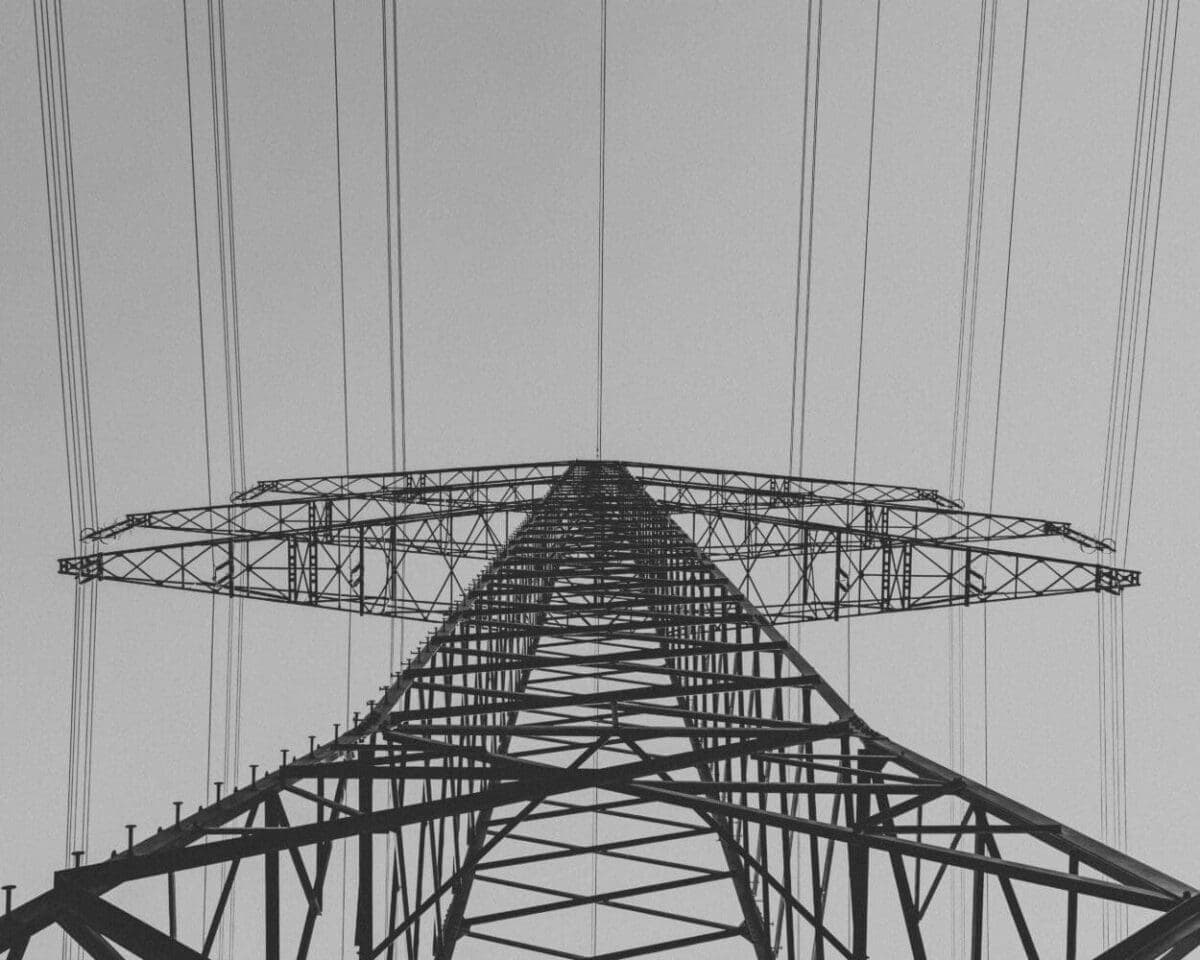 A view from below an electric transmission tower