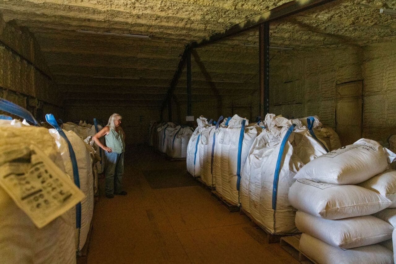 A woman standing in the seed storage room of a farm.