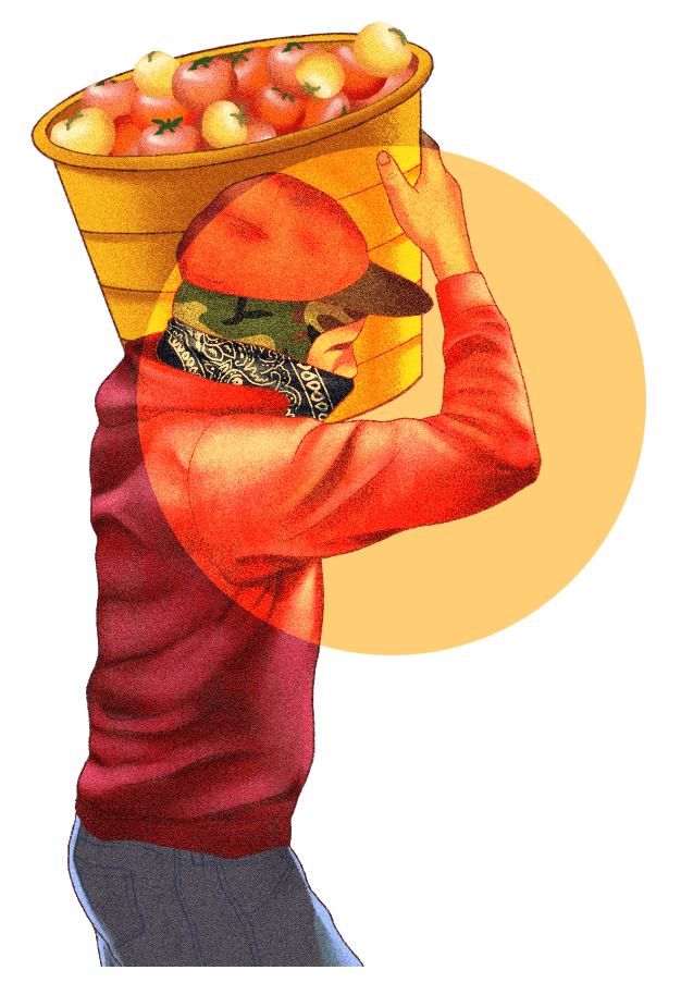 Illustration of a farm worker carrying produce 