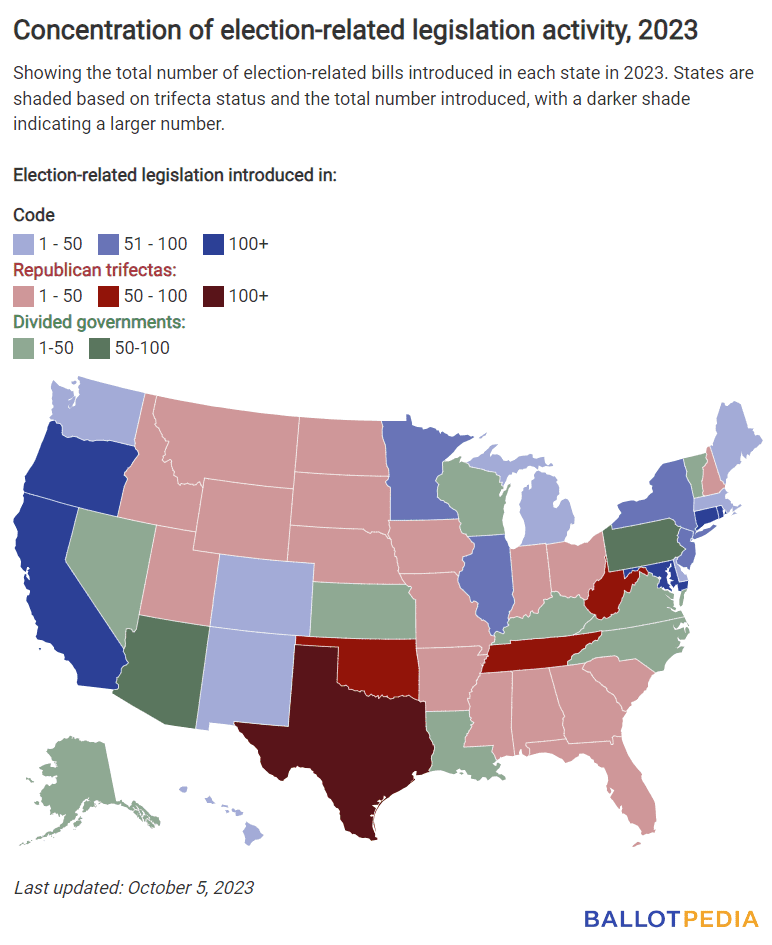 Infographic showing the number of voter suppression laws passed by state as of October, 2023