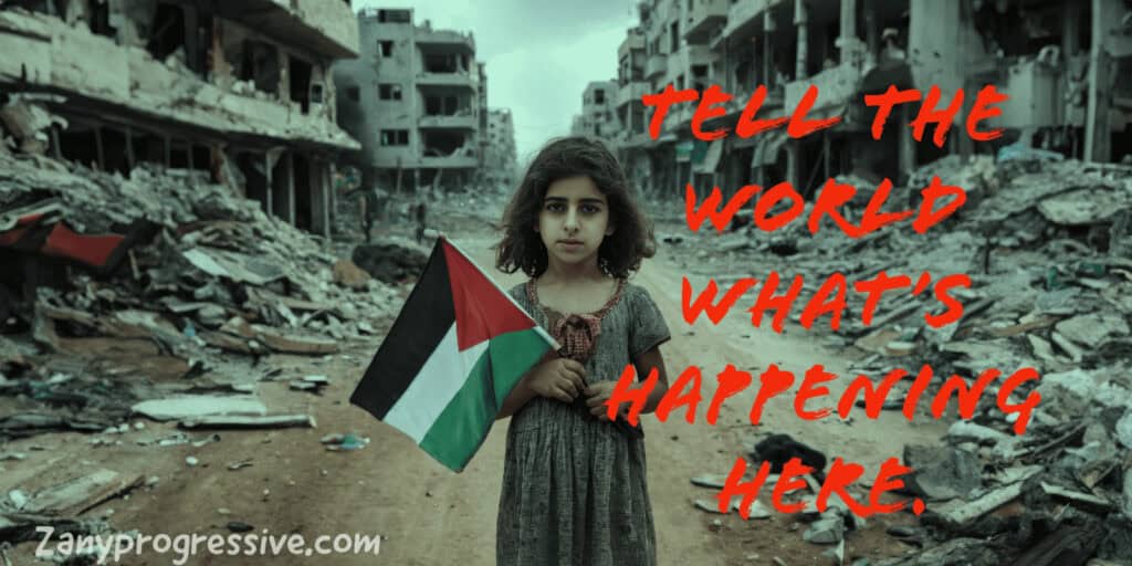 Israel’s blockade of gaza. A palestinian girl standing amidst rubble holding the palestinian flag