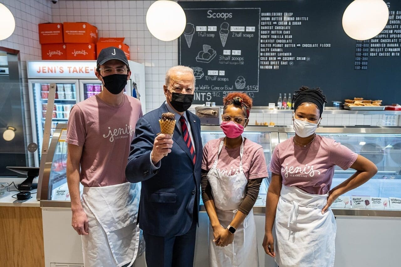 President Joe Biden visits Jeni’s Splendid Ice Creams and gets an ice cream cone, Tuesday, January 25, 2022, in Washington, D.C.