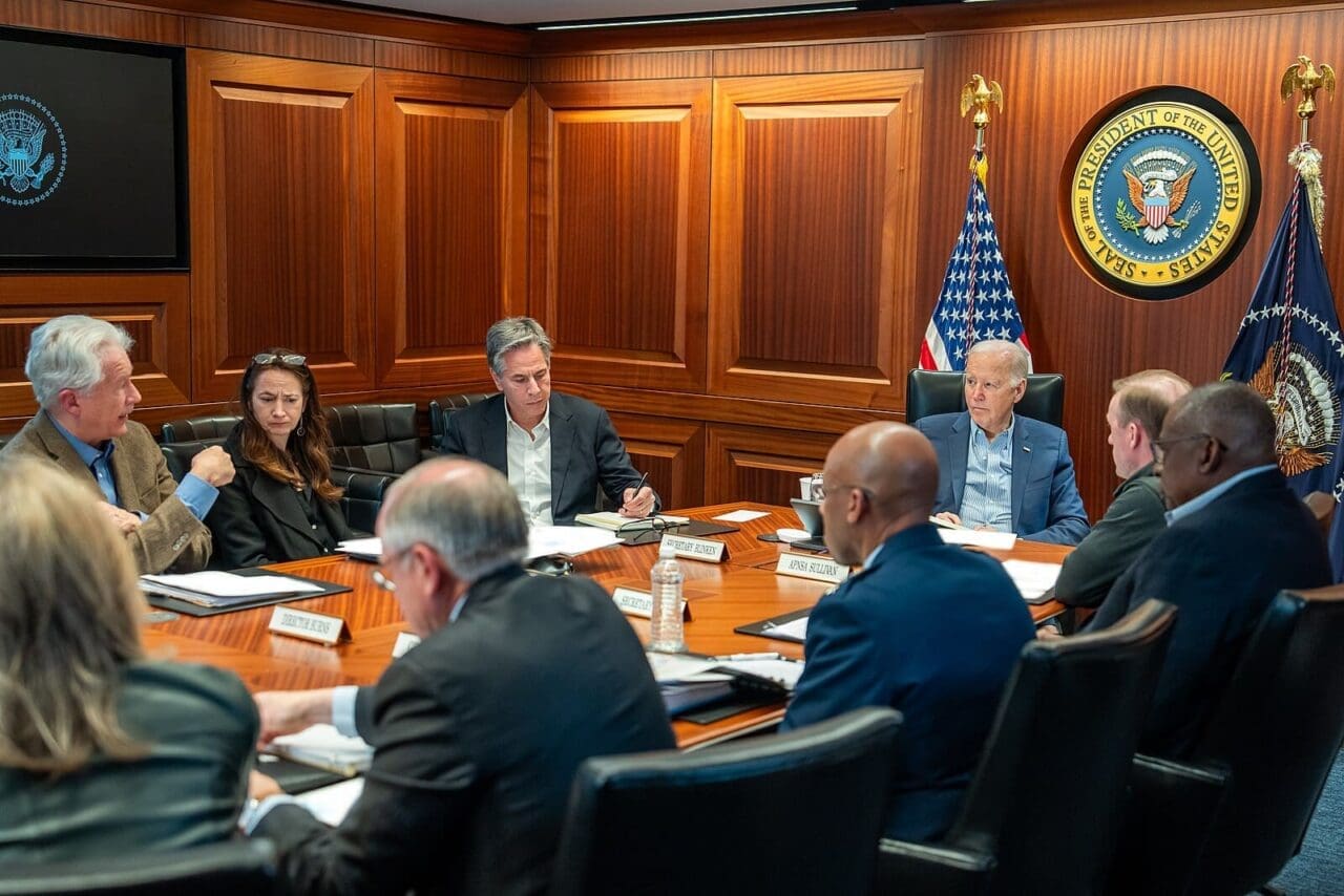 President Joe Biden meets with members of the National Security Council regarding the unfolding missile attacks on Israel, Saturday, April 13, 2024, in the White House Situation Room.