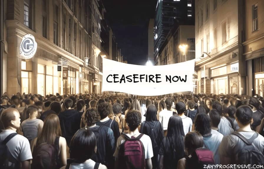 Protesters walk down the street with a banner that says ceasefire now