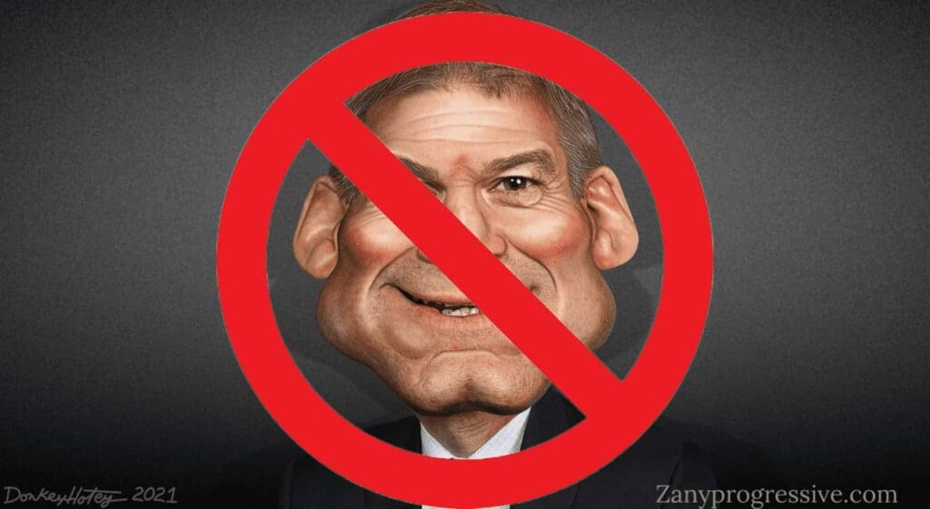 Jim jordan caricature with a banned symbol over it