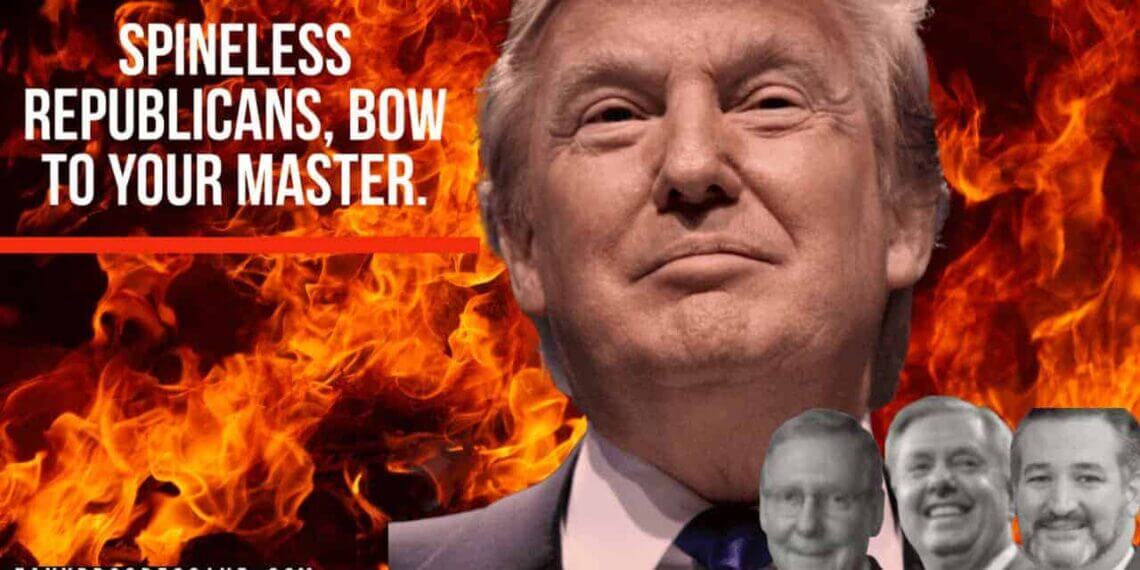 Congress republicans donald trump, ted cruz, lindsey graham, and mitch mcconnell with a fire background.