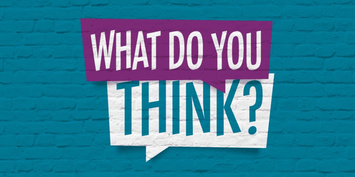 Survey or poll featured image of a blue brick wall with what do you think? Written in speech bubbles