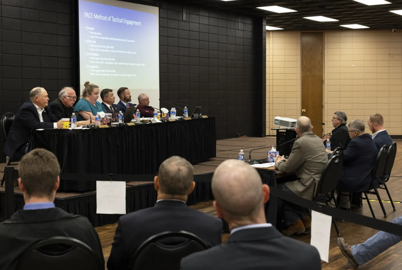 A Texas House committee led by state Rep. Ken King, R-Canadian, holds a legislative hearing investigating the Panhandle wildfires on April 4 in Pampa.