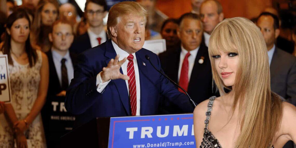 Donald trump speaking at a podium making a grabbing gesture with taylor swift in the foreground