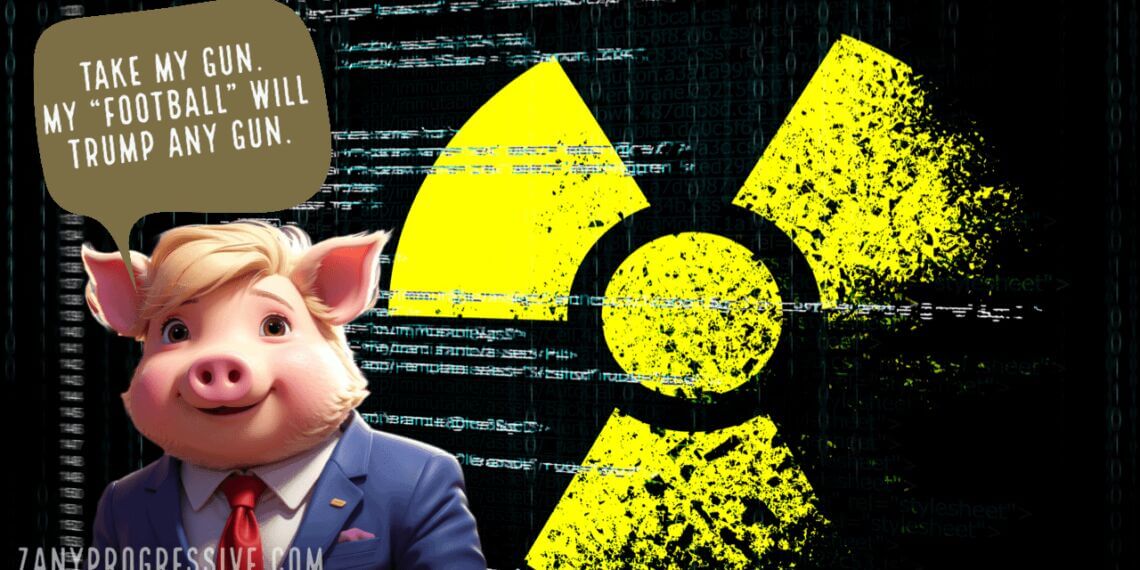 Donald trump pig cartoon on a nuclear weapon background