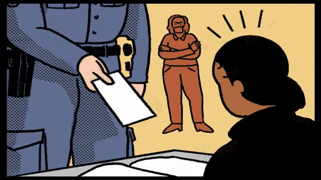 Illustration of a black student receiving a ticket from a police officer