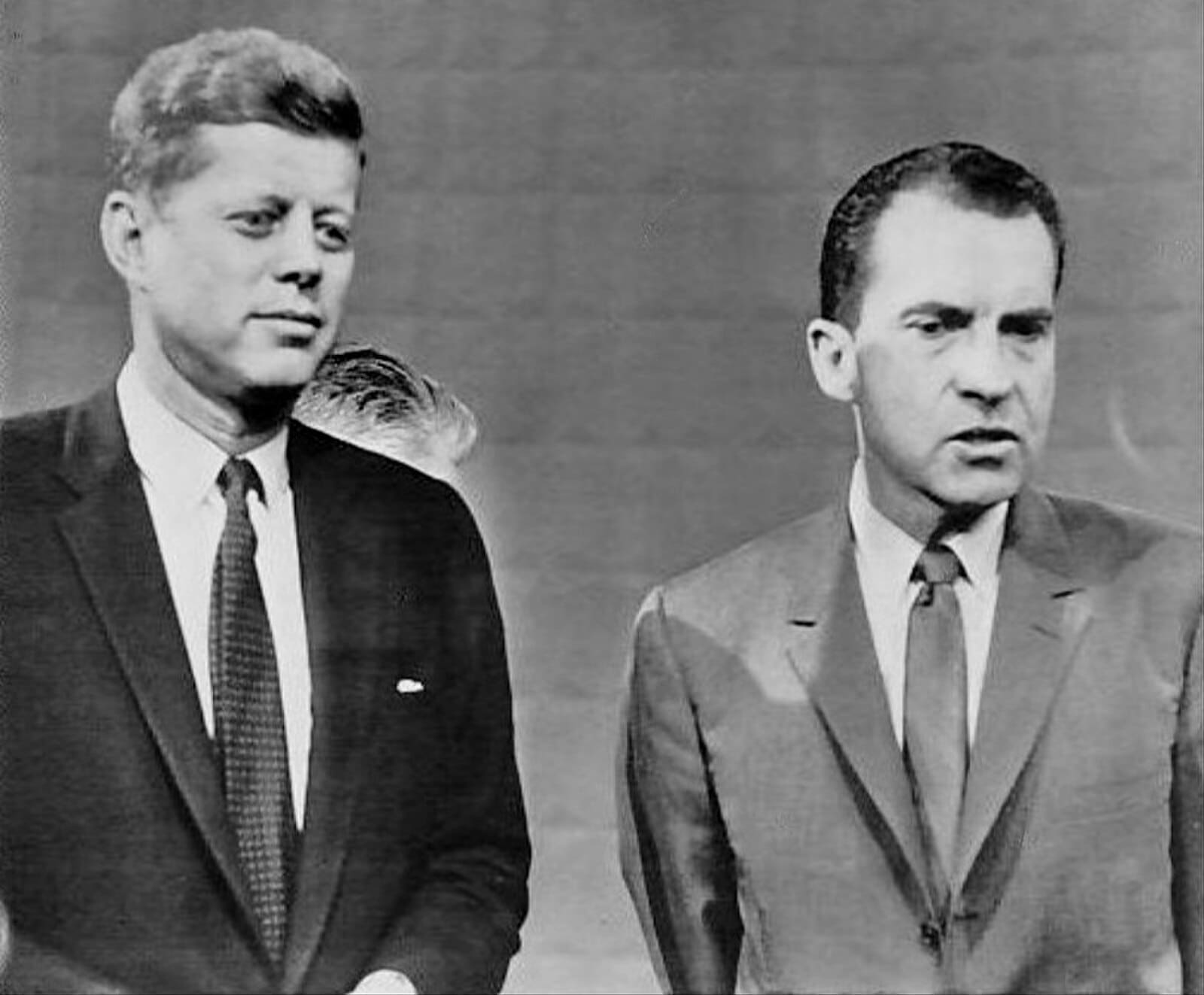 Photo of JFK and Richard Nixon taken prior to their first debate at WBBM-TV in Chicago in 1960.