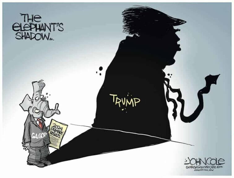 Political cartoon by john cole of an elephant casting a shadow of donald trump