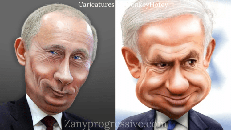 US response to Russia and Israel differs. Caricatures of Putin and Netanyahu