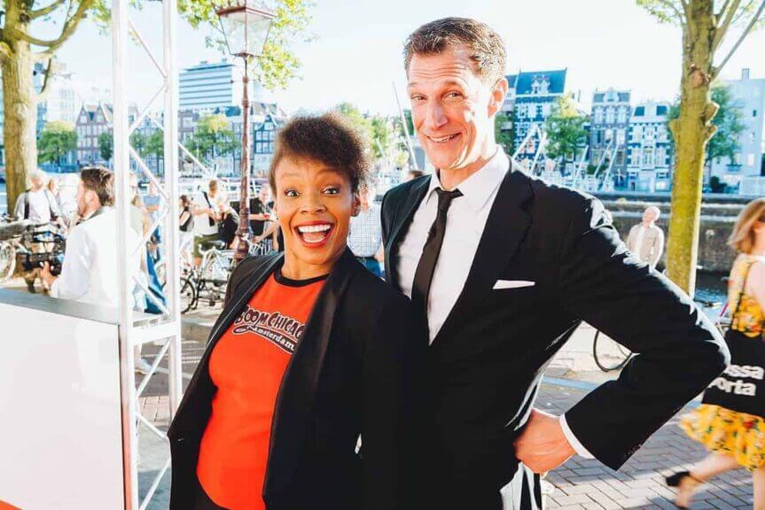 Amber ruffin and greg shapiro at the boom chicago 25th anniversary