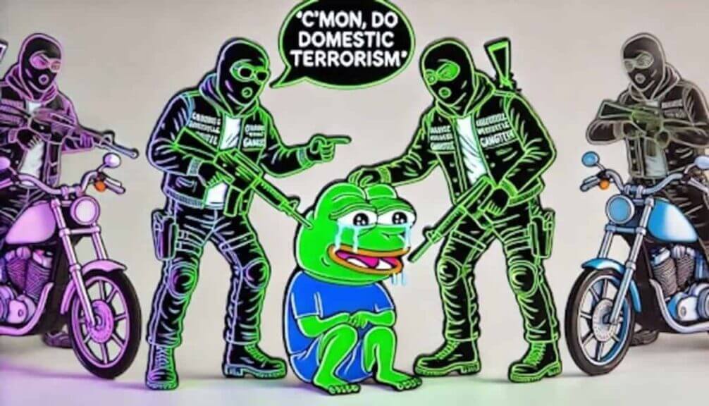 Cartoon of motorcycle guys with guns forcing the crying frog meme to do domestic terrorism.
