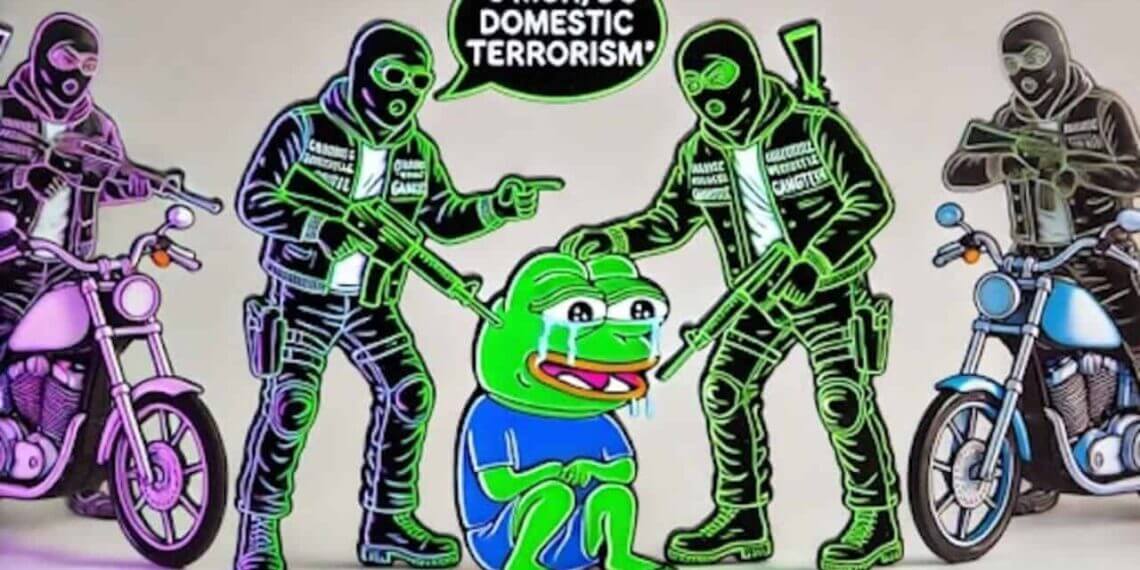 Cartoon of motorcycle guys with guns forcing the crying frog meme to do domestic terrorism.