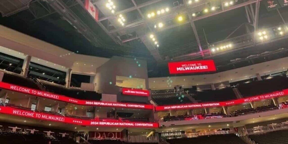 Fiserv forum in milwaukee, during a the media walkthrough of the 2024 republican national convention.