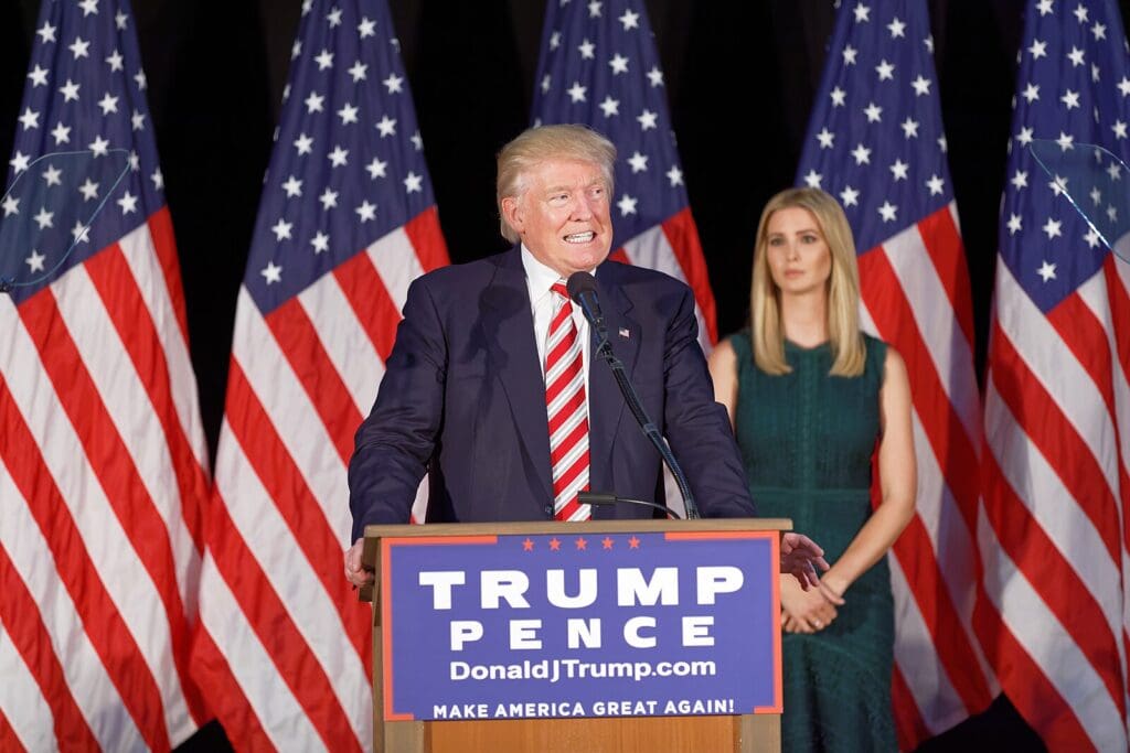 Republicans have trouble with women voters. Donald Trump speaks on stage with Ivanka