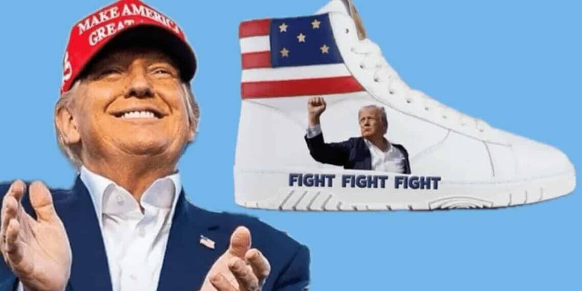 Donald trump smiling and clapping next to the assassination attempt edition sneakers
