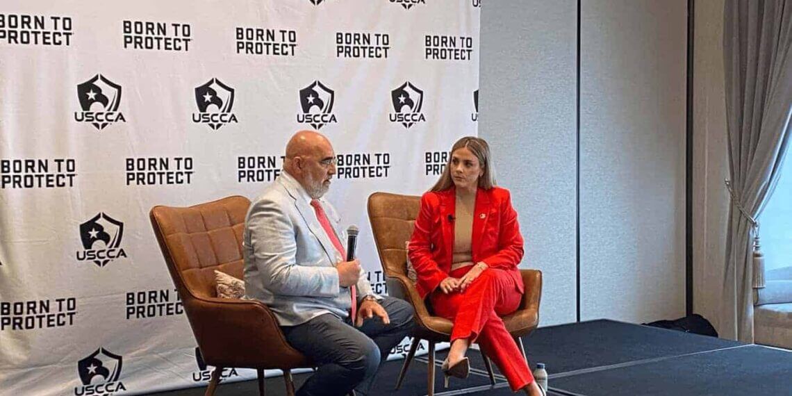 Trump campaign senior adviser chris lacivita speaks with katie pointer baney, managing director of government affairs for delta defense and the u. S. Concealed carry association, during an event the organization hosted at the pfister hotel in milwaukee, wisconsin, on tuesday, july 16, 2024.