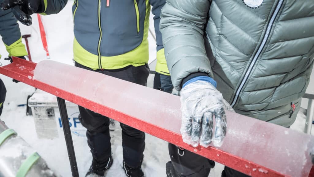 A piece of an ice core extracted by a research team in svalbard, norway.