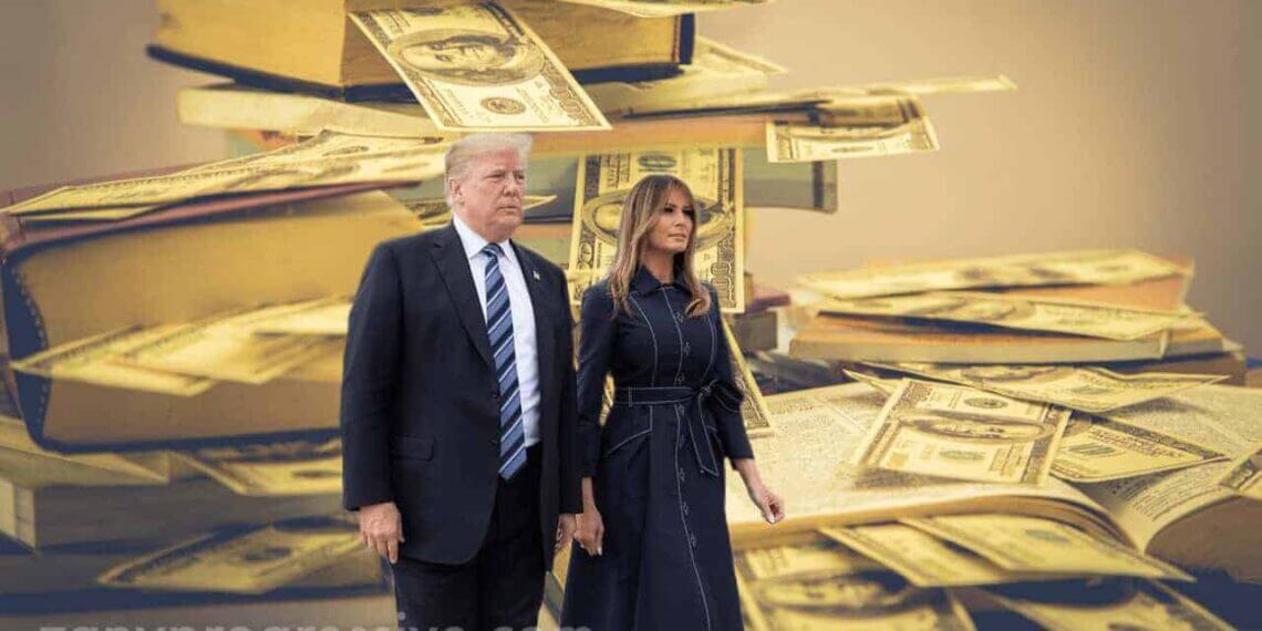 Donald and melania trump with books and cash in the background