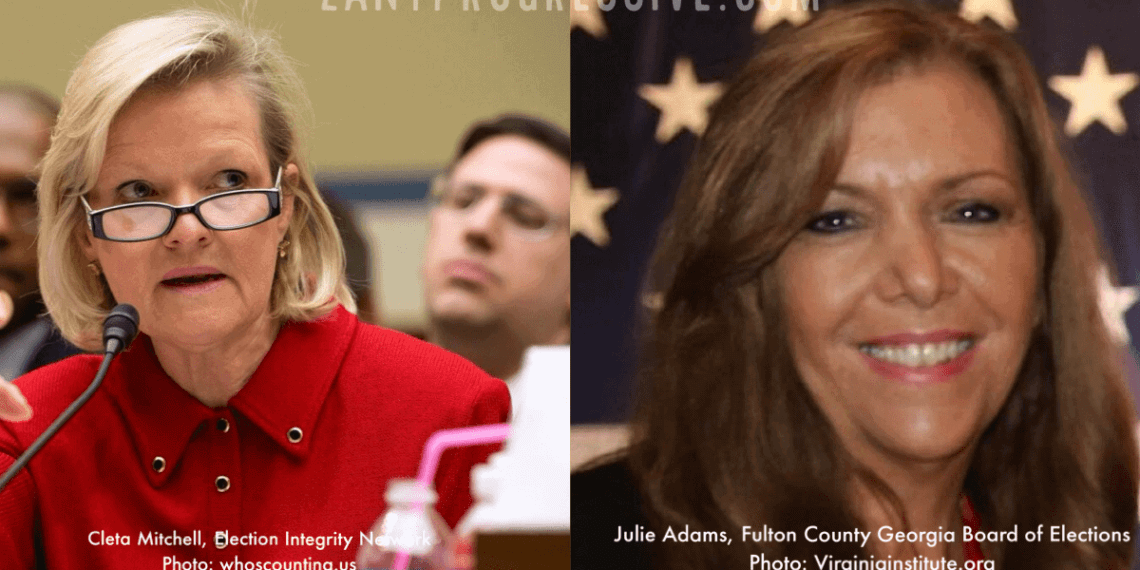 Julie adams, right, a republican member of the fulton county, georgia, elections board and a regional coordinator with the election integrity network, a right-wing organization involved in challenging the legitimacy of american election systems. Cleta mitchell, left, chair of the election integrity network.