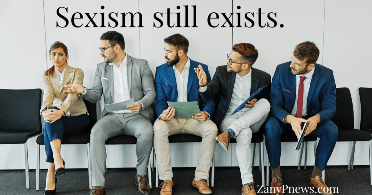 Less sexism means voters are ready for a woman president. A photo of a line of people in chairs for a job interview, all men but one woman on the end. Title is “sexism still exists. ”