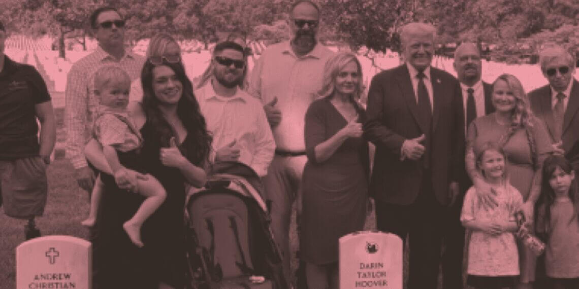 The family of members of the military who died during the withdraw from afghanistan pose with donald trump at their graves in arlington cemetery.