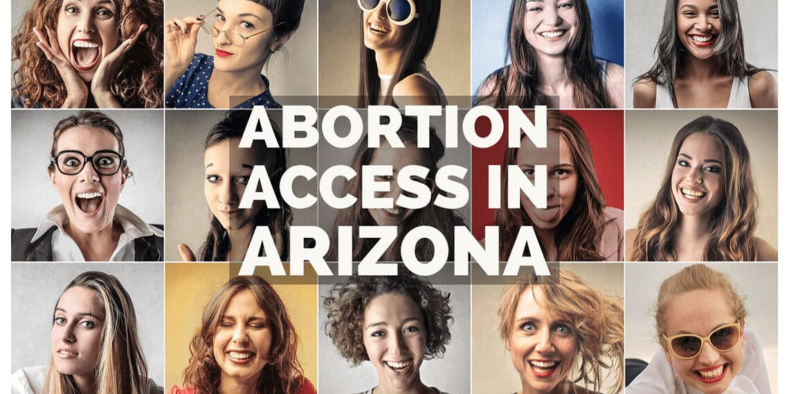 Collage of women with text “abortion access in arizona”