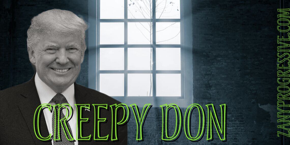 Illustration of a black and white haunted house background and black and white photo of donald trump that says creepy don in green