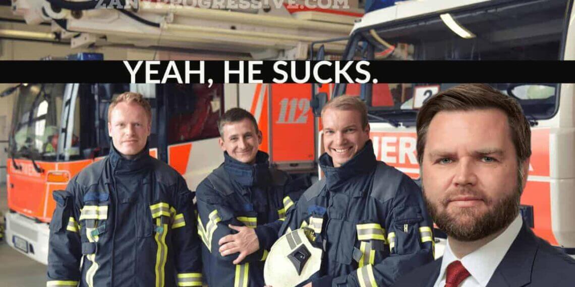 Image of firefighters with jd vance added to the scene